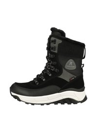 Botte d'hiver imperméable noire avec une tige texturée, des accents gris, un laçage à l'avant, un col en fourrure et une épaisse semelle blanche pour l'adhérence.