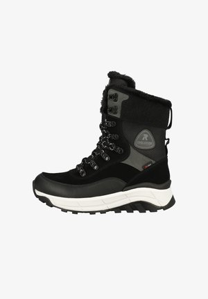 Schwarze wasserdichte Winterstiefelette mit strukturiertem Obermaterial, grauen Akzenten, Schnellschnürung, Fellkragen und einer dicken weißen Sohle für besseren Halt.