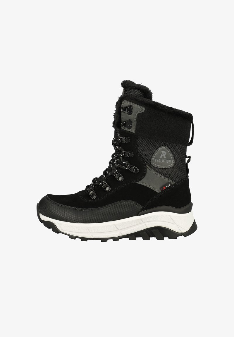 Botte d'hiver imperméable noire avec une tige texturée, des accents gris, un laçage à l'avant, un col en fourrure et une épaisse semelle blanche pour l'adhérence.