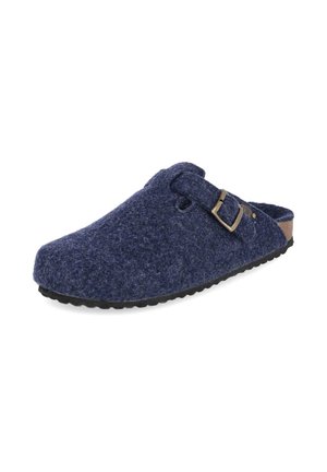 Niebieskie filcowe klapki typu slip-on z czarną podeszwą i regulowanym paskiem z mosiężną klamrą z boku do codziennego noszenia.