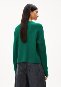 Grüner gestrickter Pullover mit einer verkürzten Passform und überschnittenen Schultern, kombiniert mit dunkelgrauen, hochgeschnittenen Hosen. Glatte Textur und gerippte Abschlüsse.