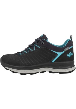 Black and blue hiking shoe with a textured upper, contrasting laces, and a gray sole featuring a rugged tread pattern for grip.