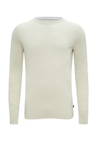 Hellbeiger Pullover mit langen Ärmeln, rundem Ausschnitt und gerippten Bündchen. Hergestellt aus einem weichen Strickmaterial mit glatter Textur.
