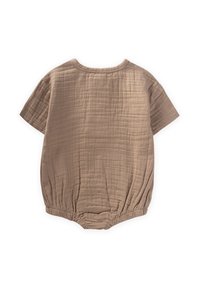Bodysuit court à manches courtes de couleur marron clair, fabriqué dans un tissu texturé avec un ourlet inférieur élastiqué, présentant un simple col rond.