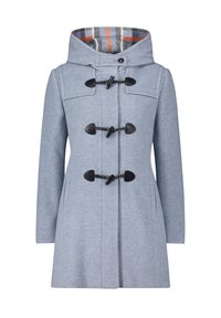 Manteau en laine gris clair avec trois attaches noires, poches latérales, col haut et doublure intérieure à carreaux orange, blanc et bleu.