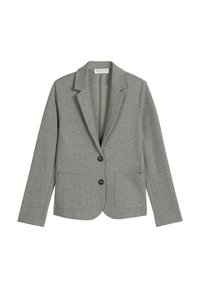 Blazer rayé gris avec une coupe ajustée, deux poches avant et deux boutons. Confectionné en tissu texturé, avec un revers cranté classique.