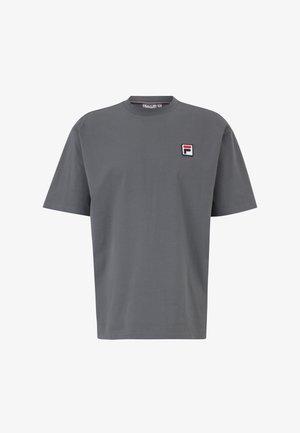 Graues Baumwoll-T-Shirt mit lockerer Passform, Rundhalsausschnitt und gesticktem Logo in Rot und Blau auf der linken Brust. Kurze Ärmel, unifarbener Stoff.