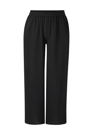 Pantalons larges noirs en tissu léger, dotés d'une taille élastique et d'une texture lisse, adaptés pour un usage décontracté.