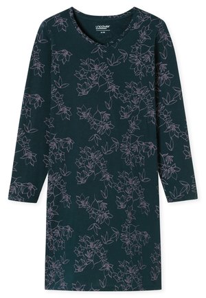 Vestido de manga larga en verde azulado oscuro con un estampado floral en rosa claro, diseño de escote en V y textura de tela suave.