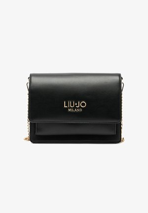 Schwarze Leder-Schultertasche mit goldenem Logo, rechteckiger Form, Klappenverschluss und einer Kettenriemen für vielseitige Tragemöglichkeiten.