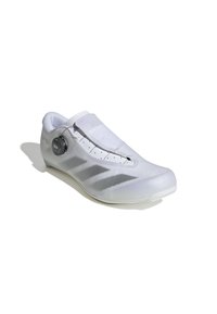 Scarpa da ciclismo bianca con tomaia in mesh traspirante, forma aerodinamica, sistema di regolazione Boa e suola liscia e testurizzata.