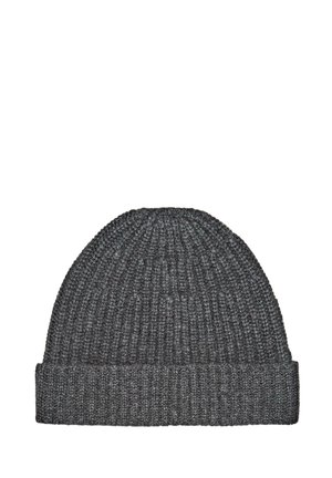 Berretto di lana grigia a maglia con texture a coste, dotato di risvolto e design superiore leggermente sceso. Realizzato in materiale morbido e caldo.