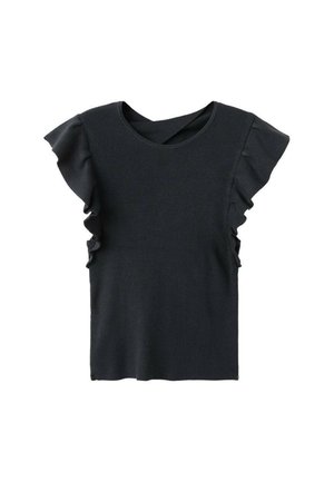 Crni rebrasti top s kratkim naboranim rukavima i okruglim izrezom. Ima teksturirani materijal i ravni rub na dnu.