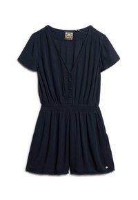 Mørkeblå kortærmet jumpsuit med dyb V-udskæring, knaplukning foran, elastisk talje og samlet shorts. Har små dekorative detaljer.