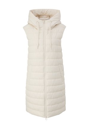 Long gilet sans manches matelassé de couleur crème avec capuche, fermeture éclair à l'avant, cordons et poches latérales, conçu pour le temps froid.