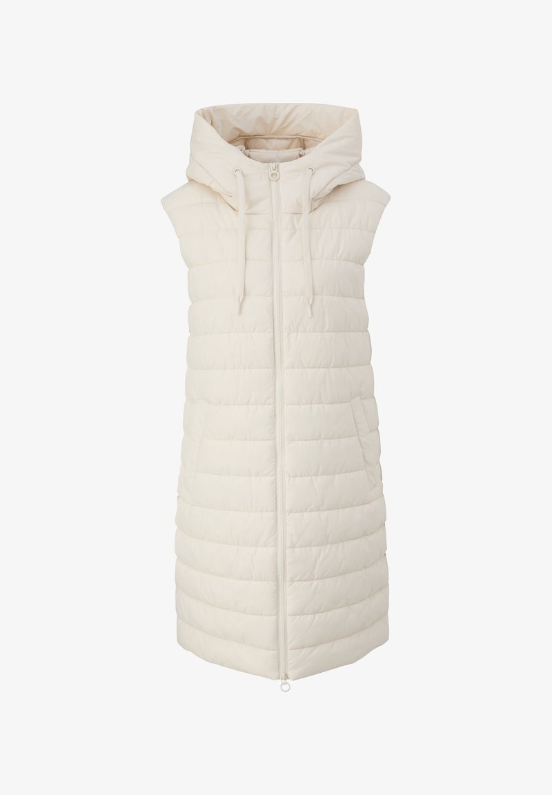 Long gilet sans manches matelassé de couleur crème avec capuche, fermeture éclair à l'avant, cordons et poches latérales, conçu pour le temps froid.