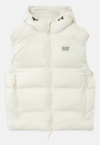Ivory padded vest with a hood, featuring a front zipper and two side pockets. Includes a small logo patch on the chest. Smooth texture.