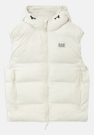Ivory padded vest with a hood, featuring a front zipper and two side pockets. Includes a small logo patch on the chest. Smooth texture.