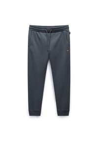 Donkergrijze comfortabele broek met elastische taille, trekkoord, zijzakken en taps toelopende benen. De stof heeft een gladde textuur en een klein logo-detail.