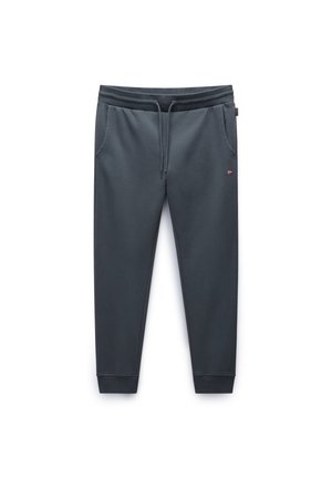 Donkergrijze comfortabele broek met elastische taille, trekkoord, zijzakken en taps toelopende benen. De stof heeft een gladde textuur en een klein logo-detail.