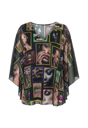 Černá průsvitná halenka s barevně orámovanými detailními portréty obličejů, rtů a rukou ukazujícími make-up a doplňky.