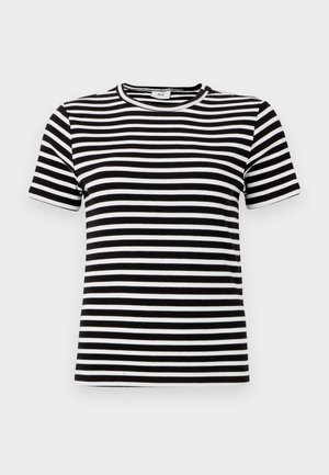 Black and white striped short-sleeve t-shirt with a ribbed texture and a round neckline. The stripes are evenly spaced across the fabric.