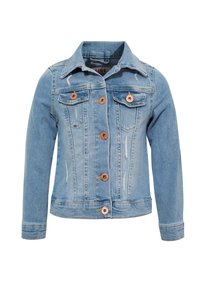 Veste en denim bleu clair à manches longues, avec fermeture à boutons sur le devant, deux poches poitrine, et boutons de couleur cuivrée. Présente des détails délavés.