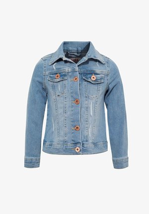 Jasnoniebieska kurtka dżinsowa z długimi rękawami, zapięciem na guziki z przodu, dwiema kieszeniami na piersi oraz miedzianymi guzikami. Posiada wyblakłe detale.