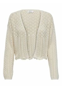 Cardigan en tricot blanc cassé, avec une ouverture devant, des manches longues et un motif texturé en dentelle. L'ourlet festonné ajoute une touche de détail.