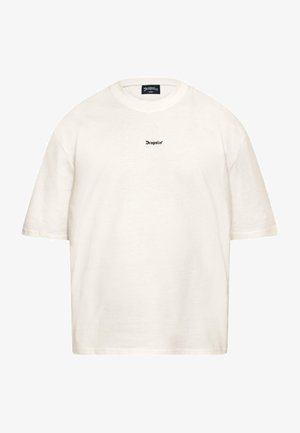White cotton t-shirt with a relaxed fit, short sleeves, round neckline, and a small black "Dropsize" logo on the chest.