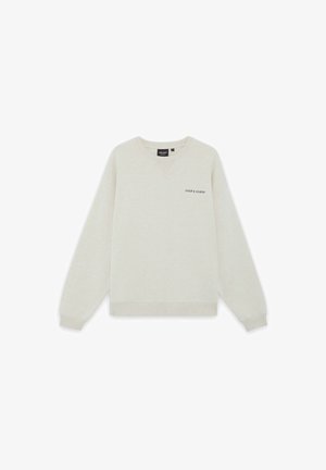 Ekrü színű hosszú ujjú pulóver, kerek nyakkivágással, a bal mellkason kis "LYLE & SCOTT" szöveges logóval, bordázott mandzsettákkal és szegéllyel.