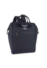 Zaino in nylon blu navy con manici doppi, spallacci regolabili, una tasca frontale con zip e un accento in pelle sulla parte superiore. Texture liscia, design strutturato.