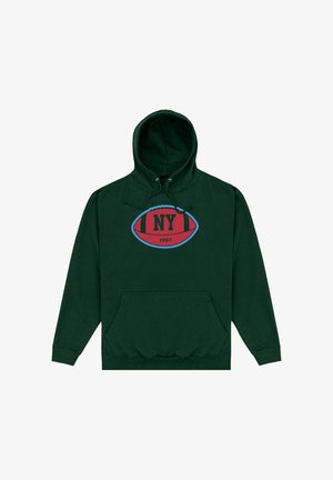 Sweat à capuche vert foncé avec poche avant, arborant un graphique de football rouge et bleu étiqueté "NY 1961" sur la poitrine.