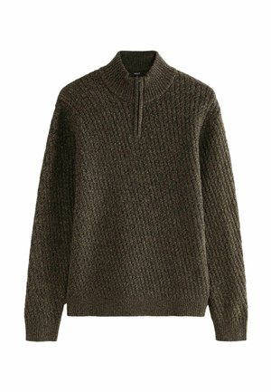 Pulover tricotat de culoare verde închis, cu guler înalt și închidere cu fermoar. Mansete și tiv ribbate, având un model texturat în formă de diamant.