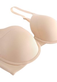Sostenitore color beige chiaro con coppe lisce e modellate, spalline regolabili e bordi senza cuciture. Realizzato in tessuto morbido, presenta un design semplice e elegante.