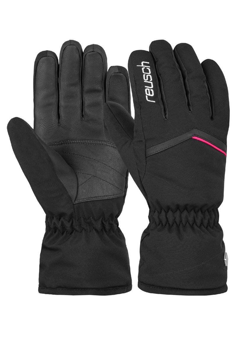 Zwarte winterhandschoenen met leren handpalmen, stoffen achterkant, elastische manchetten en roze accenten. Voorzien van versterkte stitching en een slank ontwerp.