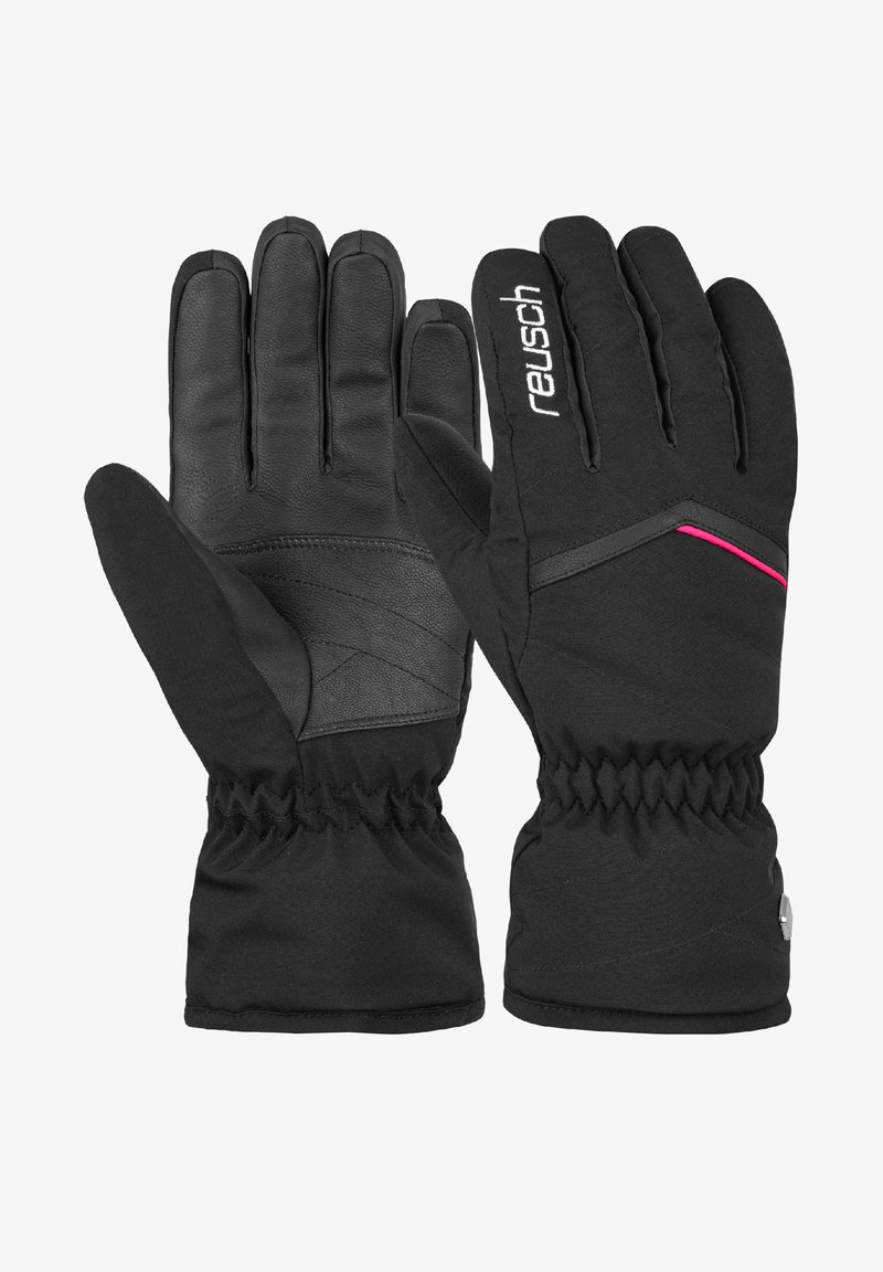 Black winter gloves with leather palms, fabric backs, elastic cuffs, and pink accents. Features reinforced stitching and a sleek design.
