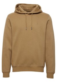 Brown cotton hoodie featuring a large hood, drawstrings, ribbed cuffs, and a small embroidered logo on the chest. Soft texture, relaxed fit.