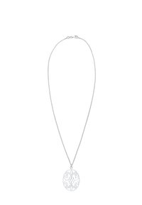 Sølv halskæde med en delikat kæde og en udsmykket, åbent pendants oval vedhæng med blomsterdesigns og perleaccents.