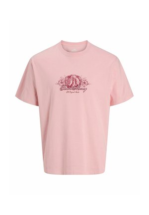 Różowa, bawełniana koszulka z krótkim rękawem, z centralnym nadrukiem w ciemniejszym odcieniu różu, który zawiera elementy kwiatowe oraz napis "Czas to pieniądz".