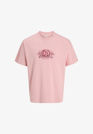 Różowa, bawełniana koszulka z krótkim rękawem, z centralnym nadrukiem w ciemniejszym odcieniu różu, który zawiera elementy kwiatowe oraz napis "Czas to pieniądz".