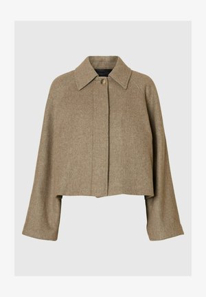 Cropped, light brown herringbone coat with a collared neckline, single button closure, and wide sleeves. Textured wool material.