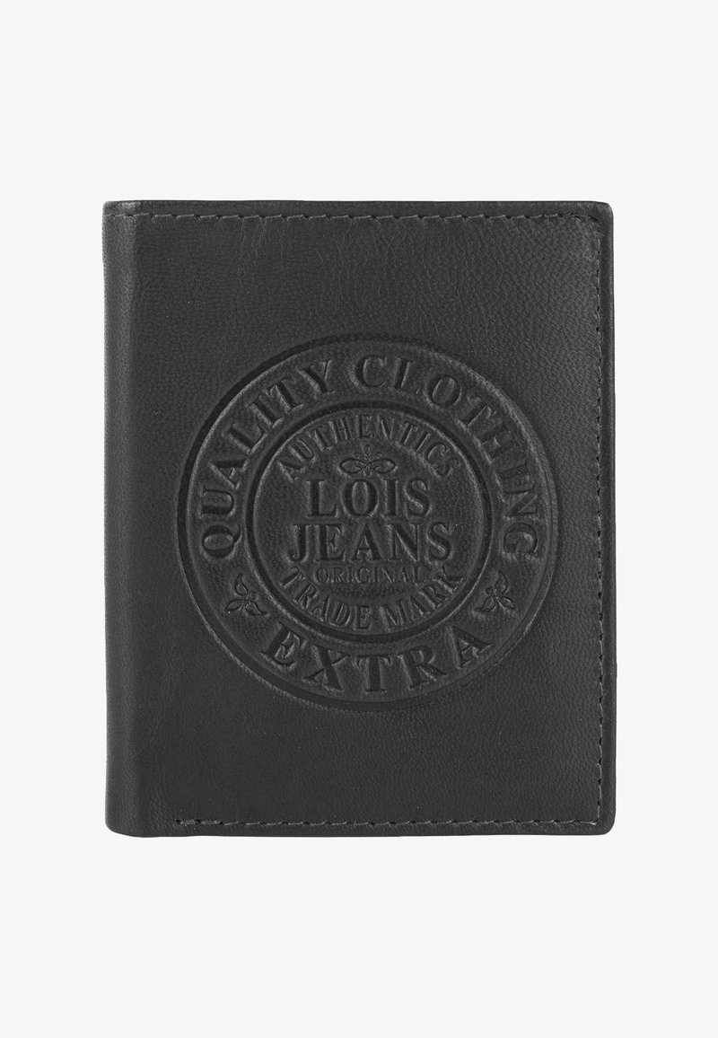 Cartera de cuero negro con bordes cosidos y un logo circular en relieve que dice "Lois Jeans Marca Registrada Calidad de Ropa Extra."