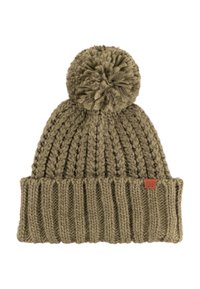 Strickmütze in Olivgrün, mit einem strukturierten gerippten Bündchen und einer flauschigen Bommel oben. Inklusive eines kleinen markierten Leder-Patches.