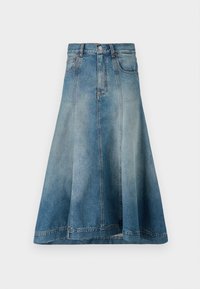 Denim A-lijn rok in een lichtblauwe wassing met een hoge taille, zijzakken en stiksel details die doorlopen tot de zoom.