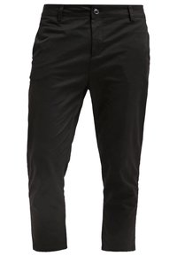 Pantalon noir, coupe slim, réalisé en tissu lisse avec une fermeture à bouton et des poches avant. Longueur raccourcie avec un design épuré et minimaliste.