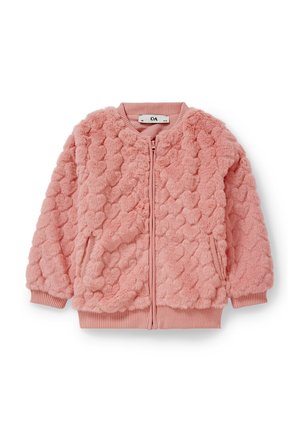 Rosa flauschige Kinderjacke mit herzförmiger Textur, Frontreißverschluss, gerippten Bündchen und zwei Fronttaschen.