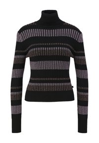 Maglione nero a coste con collo alto, caratterizzato da strisce orizzontali alternate di nero e viola metallico. Design aderente con maniche lunghe.