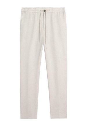 Lichtbeige casual broek met elastische tailleband en trekkoord, rechte pijpen en zijzakken, weergegeven op een witte achtergrond.