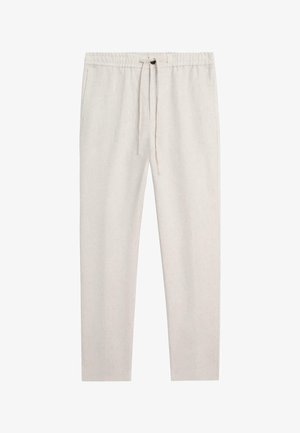 Lichtbeige casual broek met elastische tailleband en trekkoord, rechte pijpen en zijzakken, weergegeven op een witte achtergrond.